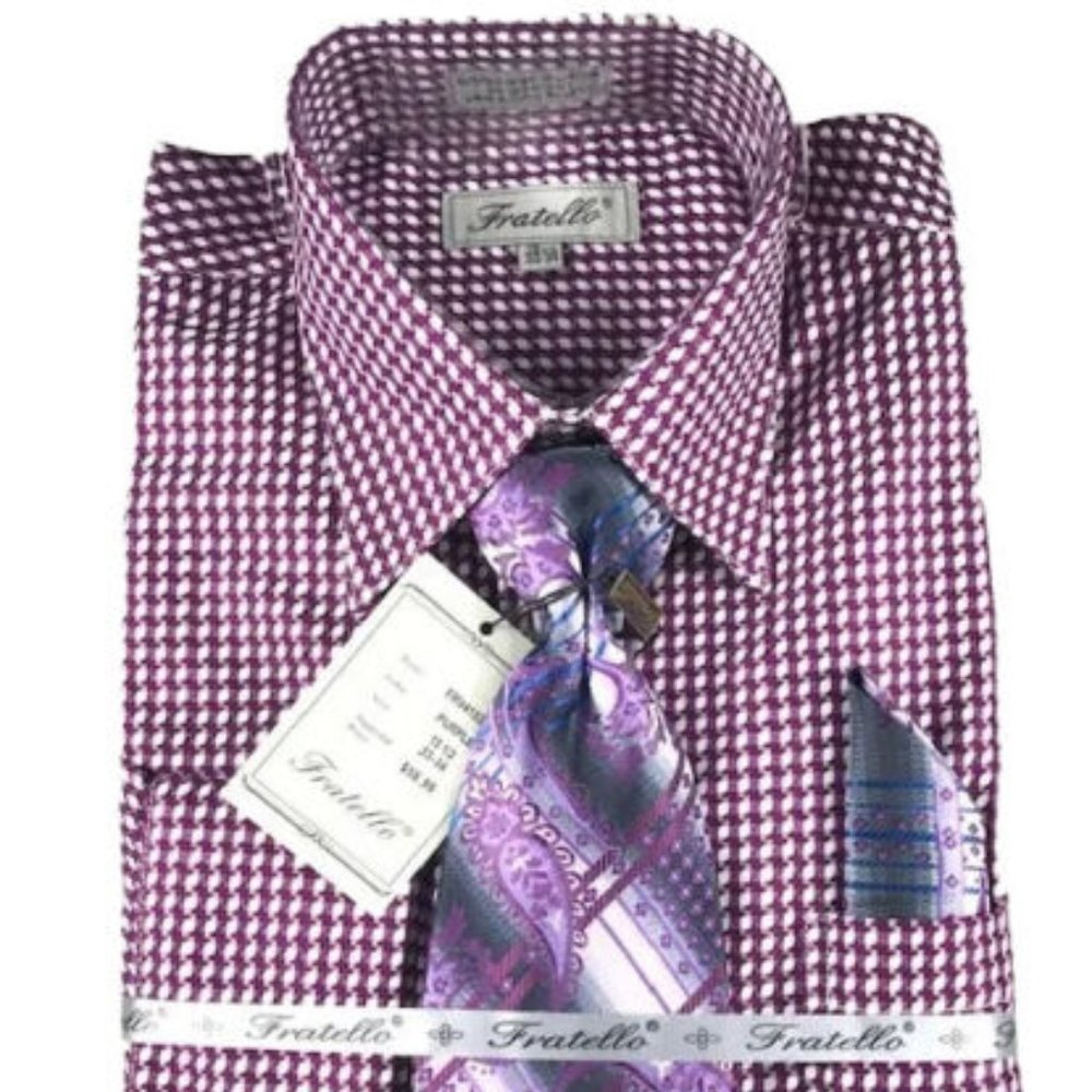 Fratello Men's Purple White Dress Shirt Purple Gray Blue Tie Hanky French Cuff
